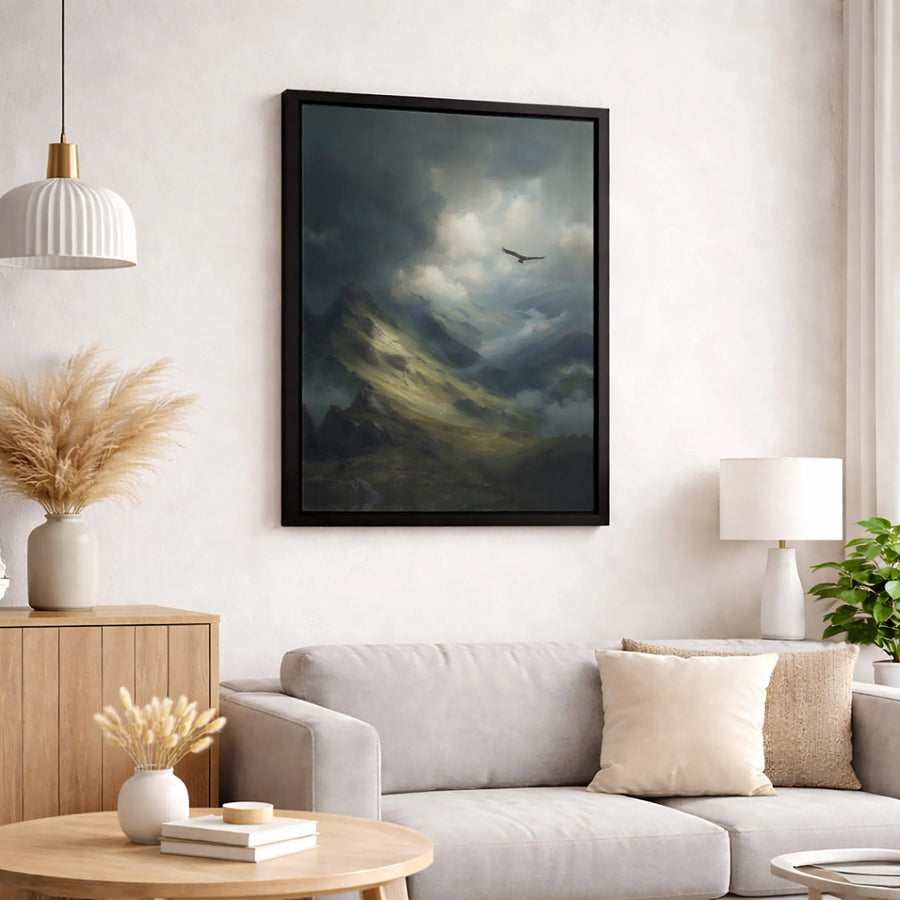 Moody Mountain Landscape Canvas | Soaring Eagle Wall Art | Premium 1.25 Inch Gallery Wrap | Nature-Inspired Living Room Decor