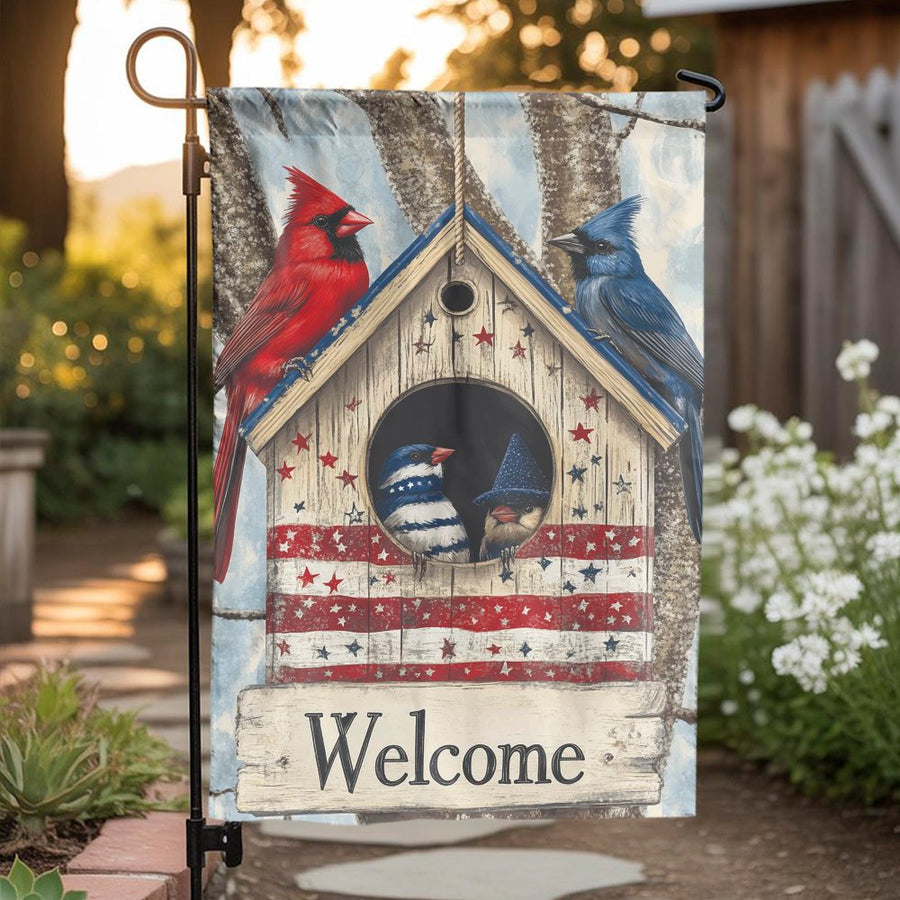 Patriotic Birdhouse Garden Flag | Welcome Yard Decor with Red Cardinal & Blue Bird | Weather-Resistant Polyester | 4th of July Summer Outdoor Gift