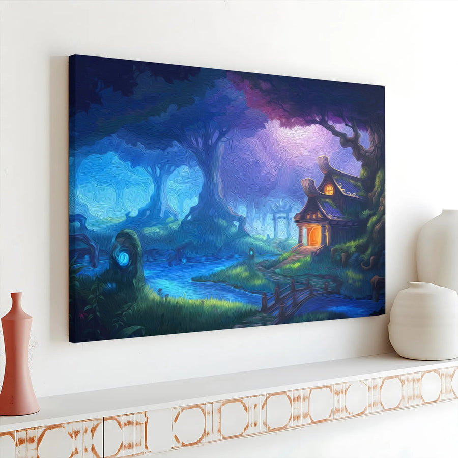 Enchanted Forest Canvas Print | Glowing Cottage Fantasy Landscape | Gallery Wrap Wall Art | Magical Bedroom Home Decor Gift
