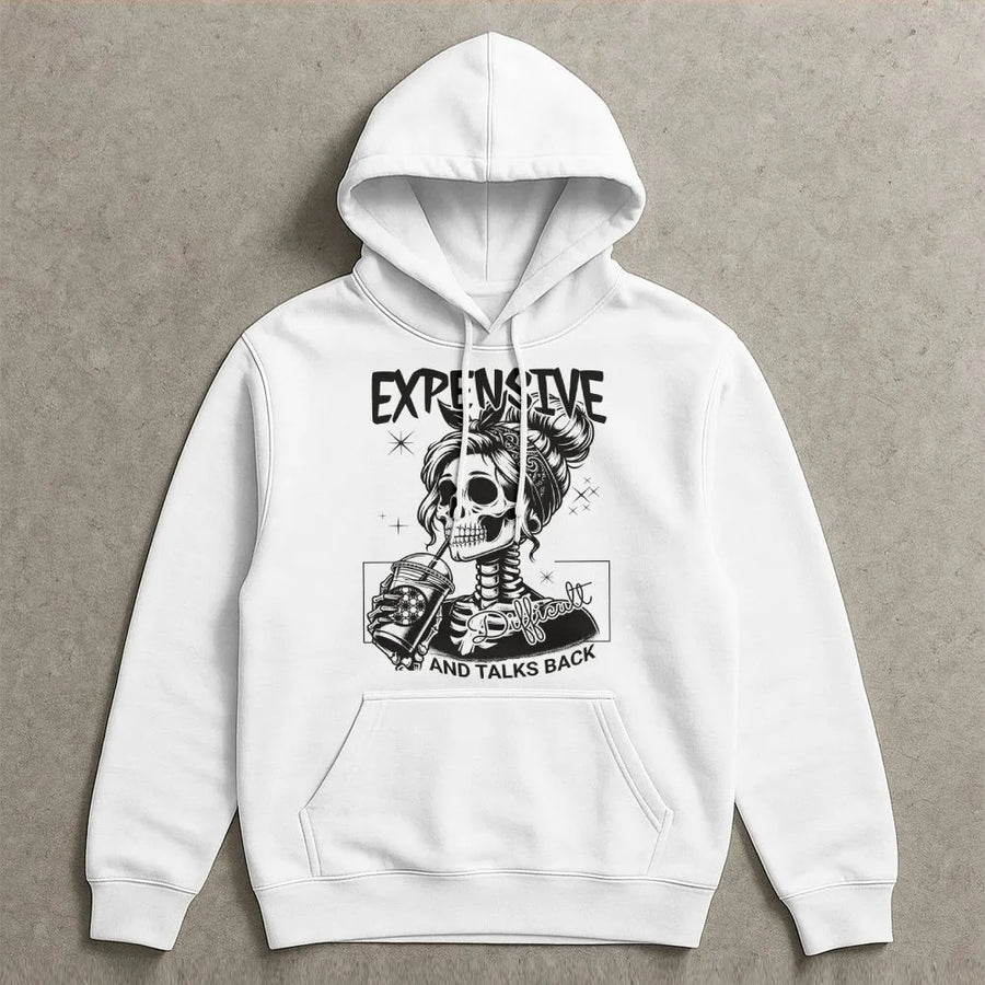Expensive Difficult And Talks Back Hoodie | Funny Skeleton Coffee Graphic | Premium Cotton Blend | Sarcastic Gift for Women & Mom