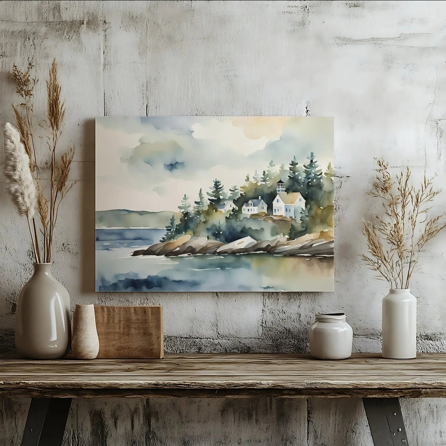 Coastal Village Canvas Wall Art | Watercolor Seaside Landscape Print | Premium Gallery Wrapped Canvas | Nautical Home Decor Gift for Living Room