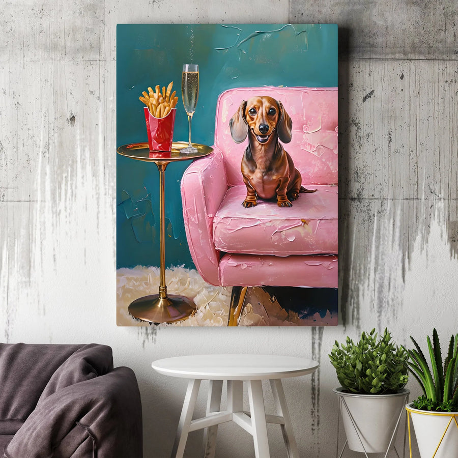 Dachshund Dog Wall Art | Pink Couch Champagne French Fries Canvas | Premium Gallery-Wrapped Print | Whimsical Pet Lover Gift