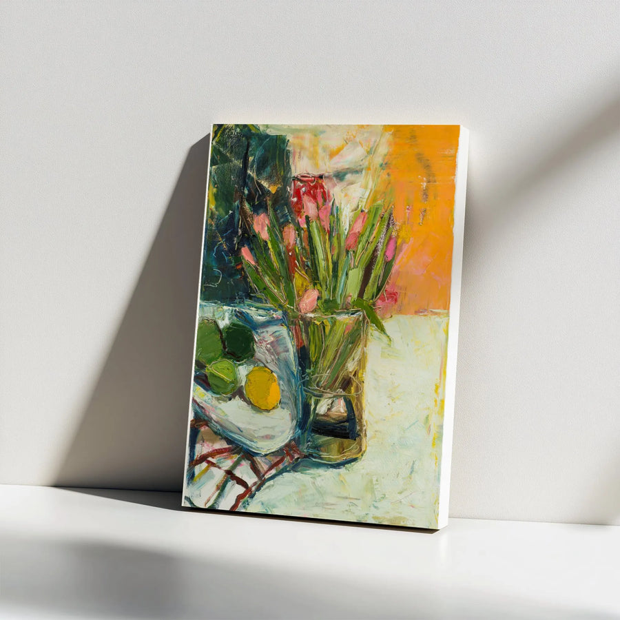 Floral Still Life Vertical Canvas | Abstract Painterly Tulips & Citrus Print | Premium Gallery Wrapped Canvas | Modern Kitchen Wall Decor Gift