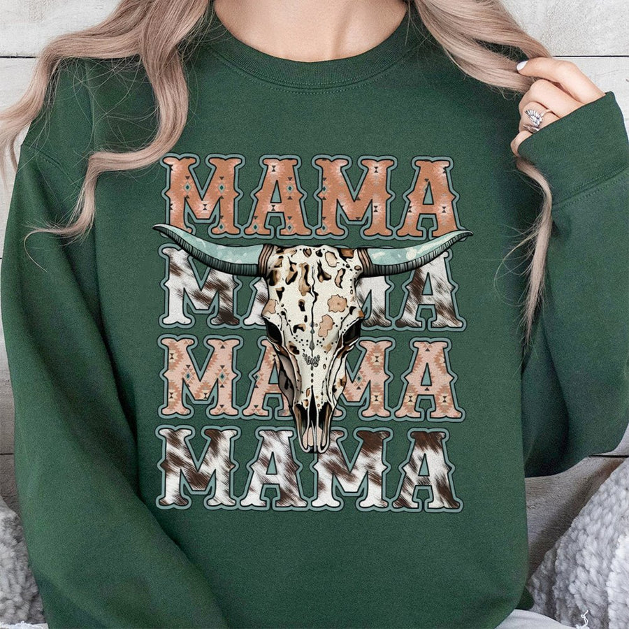 Western Mama Sweatshirt | Cow Skull Desert Aesthetic Graphic | Premium Cotton Blend Crewneck | Trendy Rodeo Mom Gift For Country Life Lovers