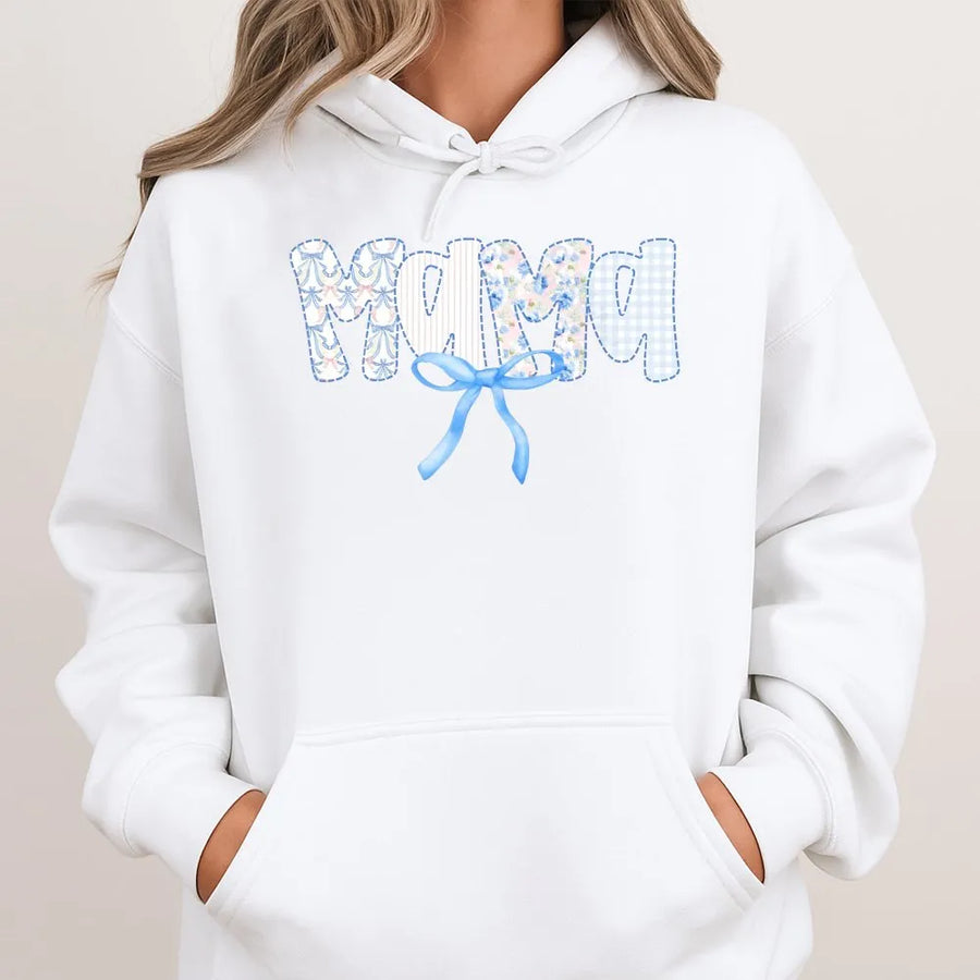Mama Hoodie | Blue Bow Patchwork Lettering | Soft Cotton Blend | New Mom Gift for Mother's Day
