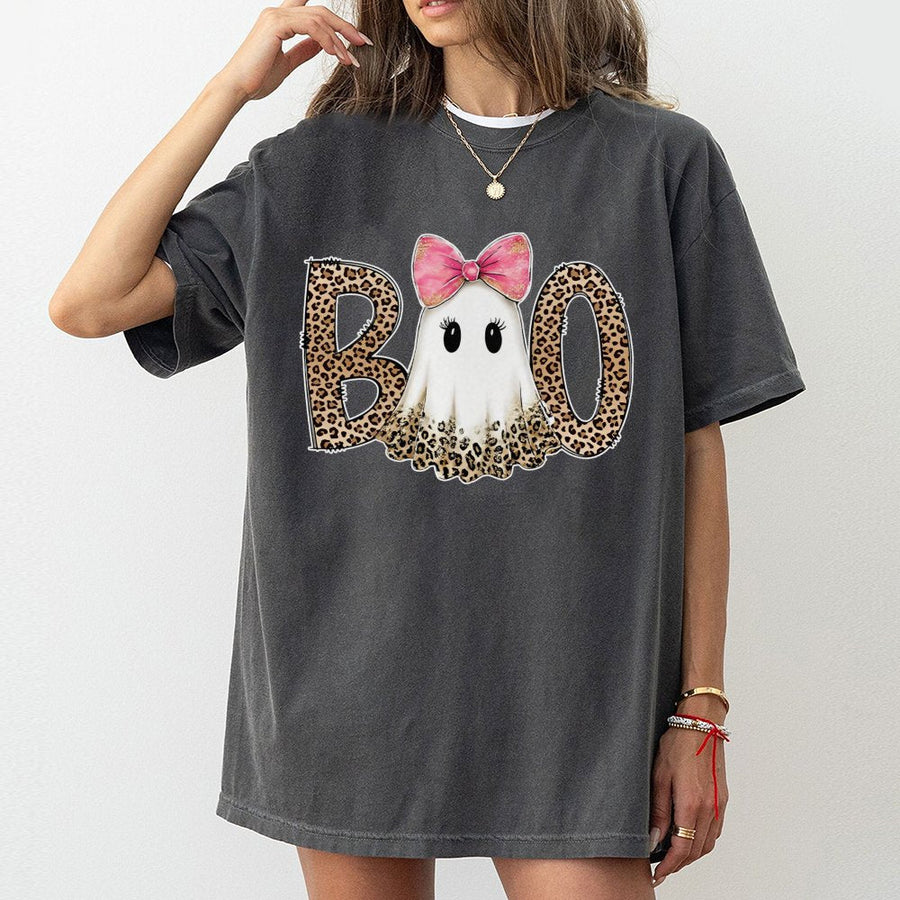Ghost Boo T-Shirt | Preppy Leopard Print Coquette Bow Design | Premium Soft Cotton Tee | Cute Spooky Halloween Gift for Women and Teens