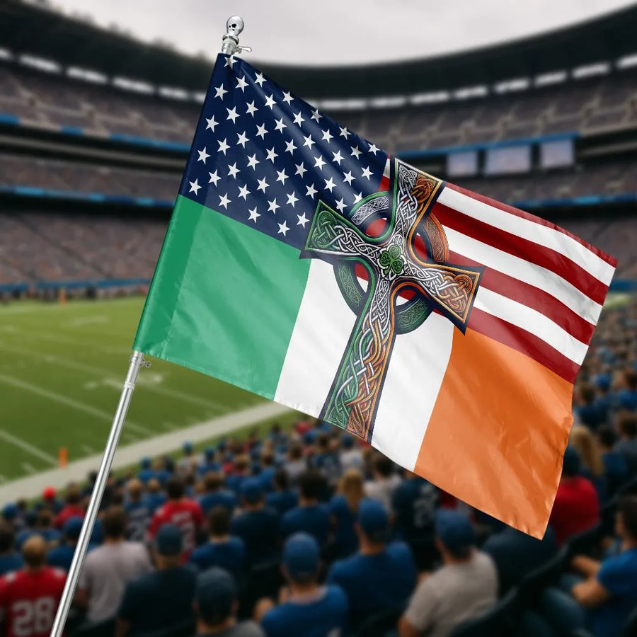 Irish American Celtic Cross Flag | USA Ireland Hybrid with Celtic Knot | Premium Weather-Resistant Polyester | St Patrick's Day Gift for Irish Americans