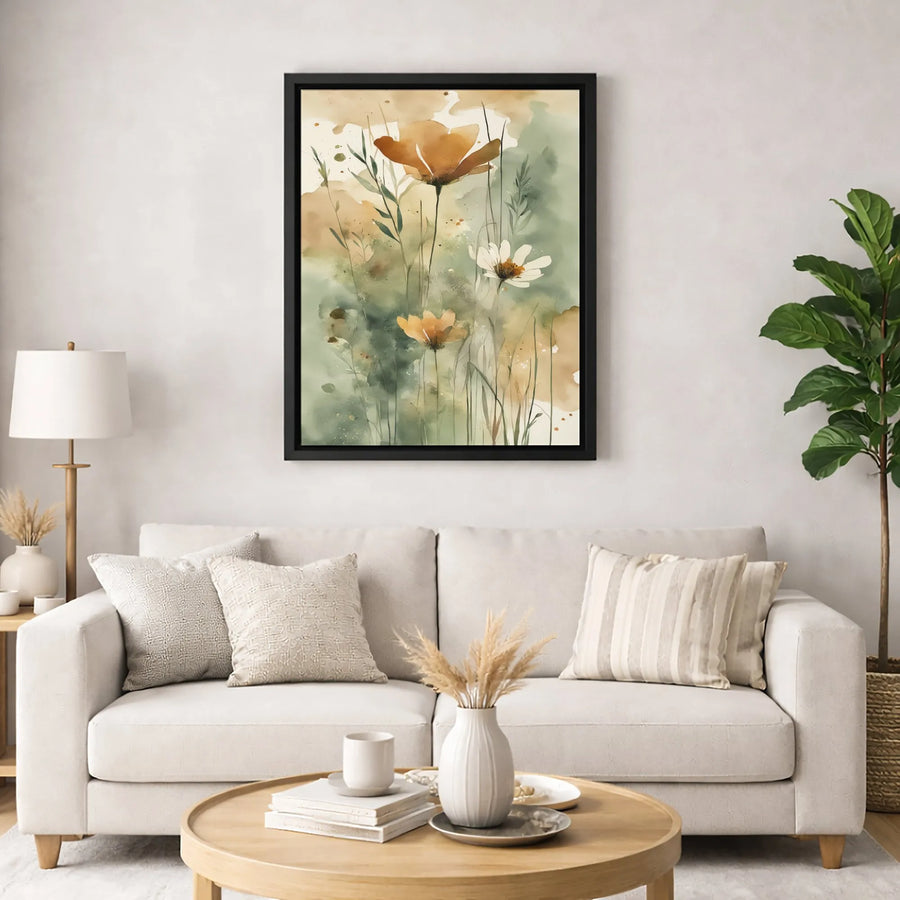 Wildflower Watercolor Canvas Print | Soft Orange and Sage Green Floral Art | Premium Fade-Resistant Gallery Wrap | Modern Home Decor Gift