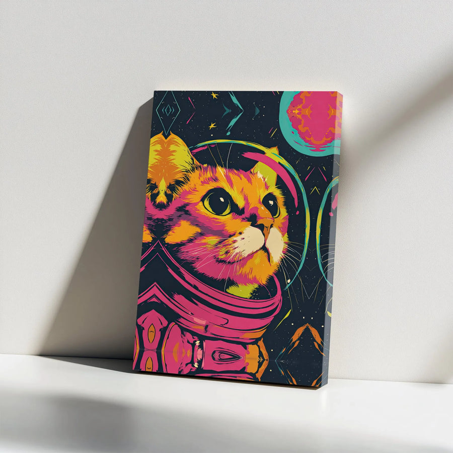 Astronaut Space Cat Vertical Canvas | Retro Pop Art Cosmic Kitten Wall Decor | Premium 1.25 Inch Thick Frameless Gallery Wrap | Unique Birthday Gift for Cat Lovers