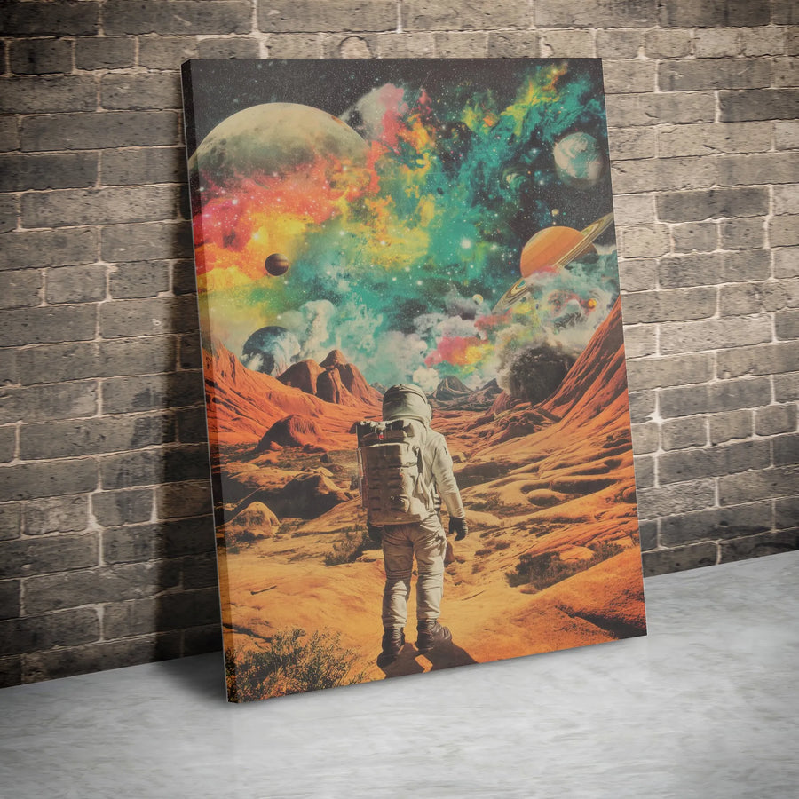 Cosmic Astronaut Vertical Canvas | Retro Psychedelic Space Art Print | Premium 1.25" Thick Gallery Wrap | Collector's Gift for Sci-Fi Fans