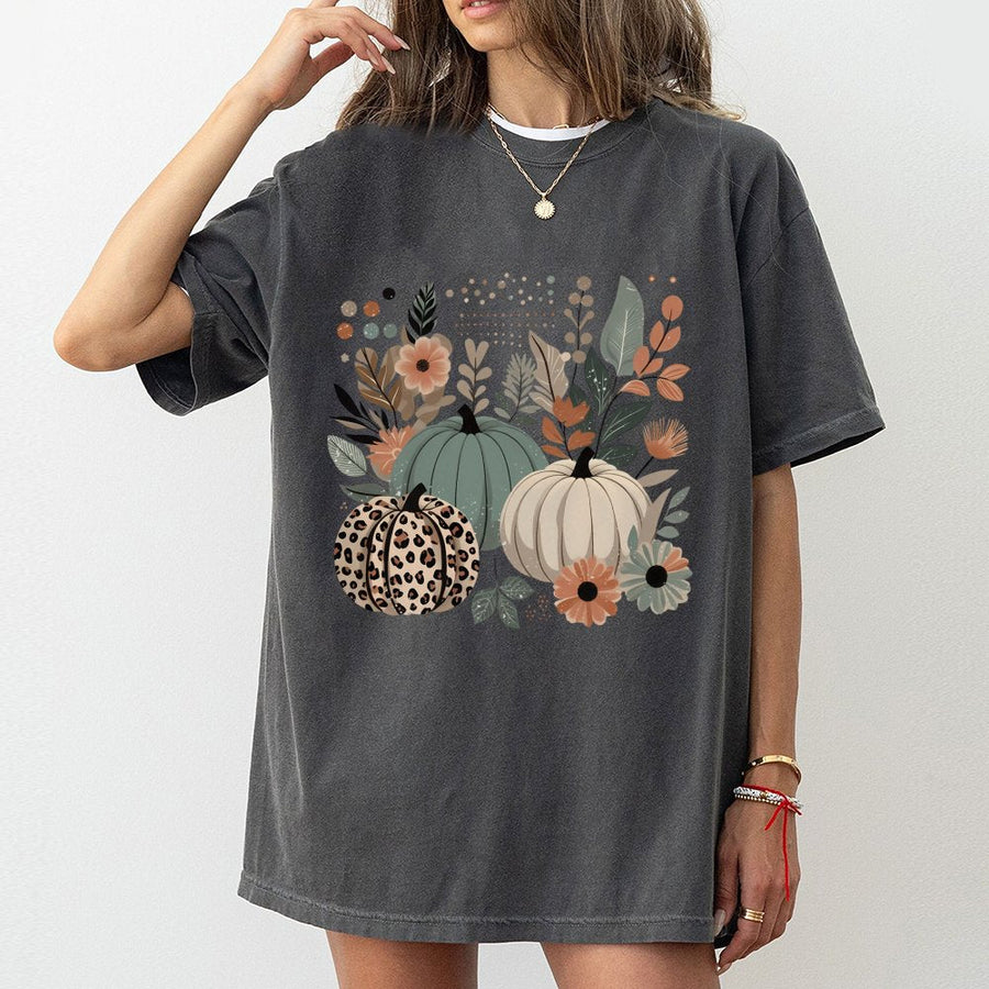 Boho Pumpkin Fall T-Shirt | Leopard Print Autumn Graphic Design | 100% Cotton Premium Comfort Tee | Thanksgiving Gift for Women and Teens