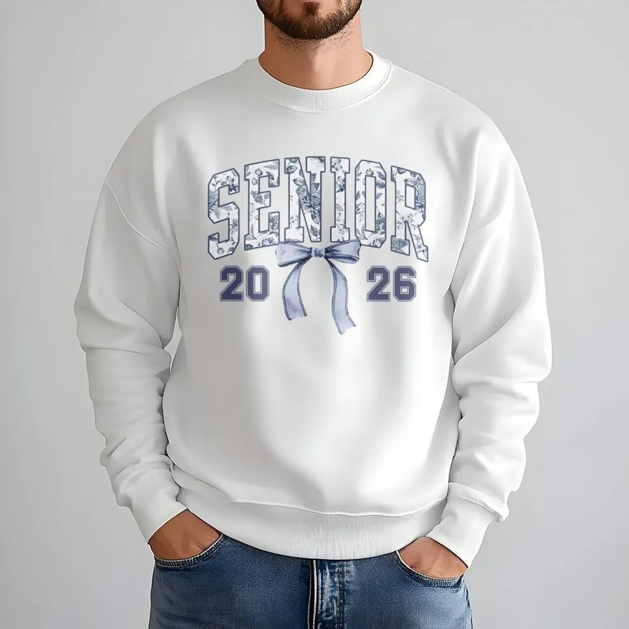 Senior 2026 Sweatshirt | Floral Bow Varsity Graphic | Soft Cotton Blend Crewneck | Graduation Gift for High School and College Students