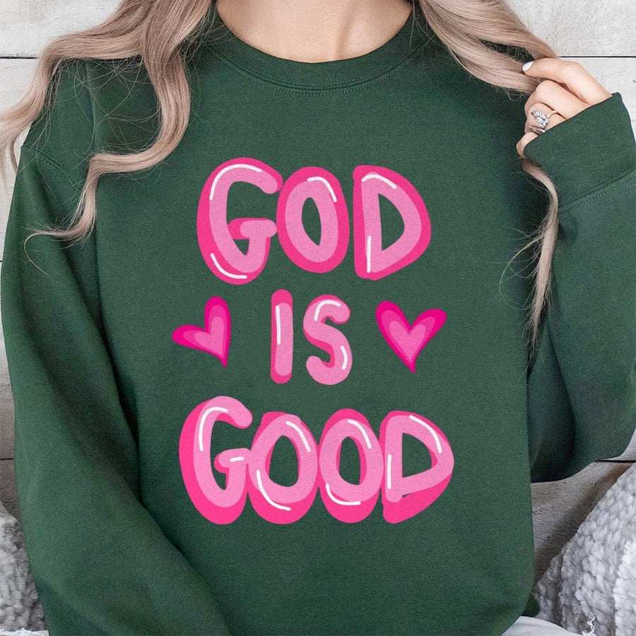 God Is Good Sweatshirt | Pink Bubble Letter Christian Graphic | Premium Cotton Blend Crewneck | Religious Faith Gift For Women And Men