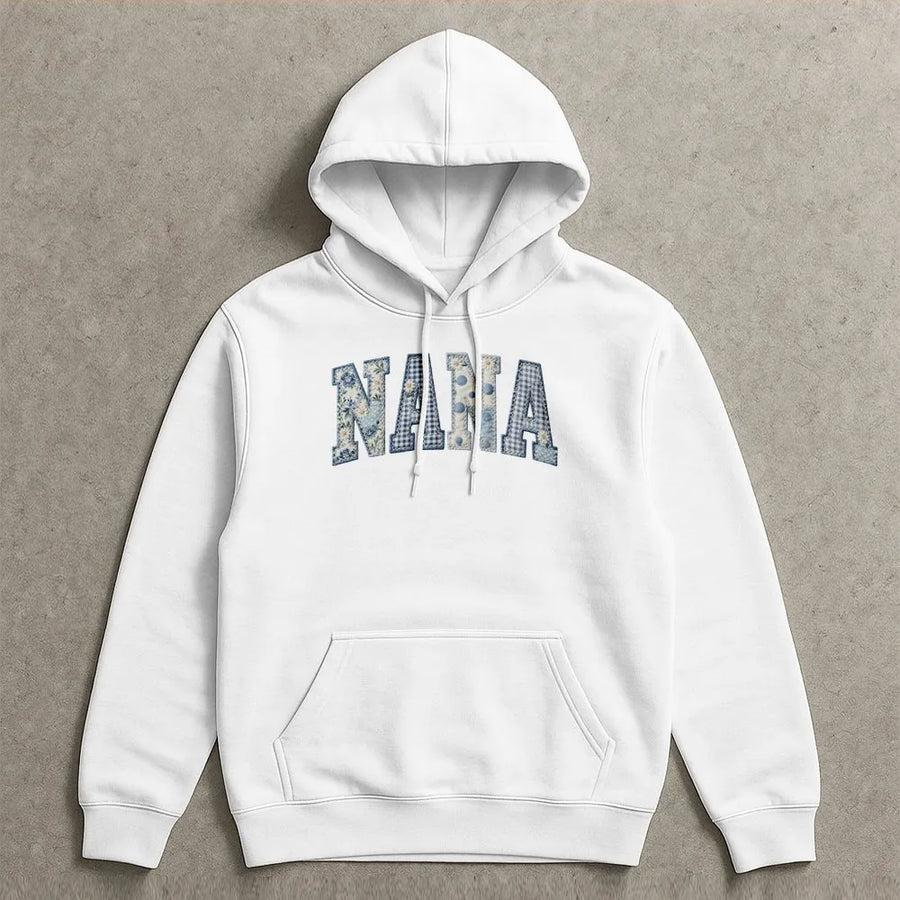 Nana Hoodie | Blue Floral Gingham Patchwork Style Letters | Premium Cotton Graphic Tee | Gift for Grandma, Mother's Day Present