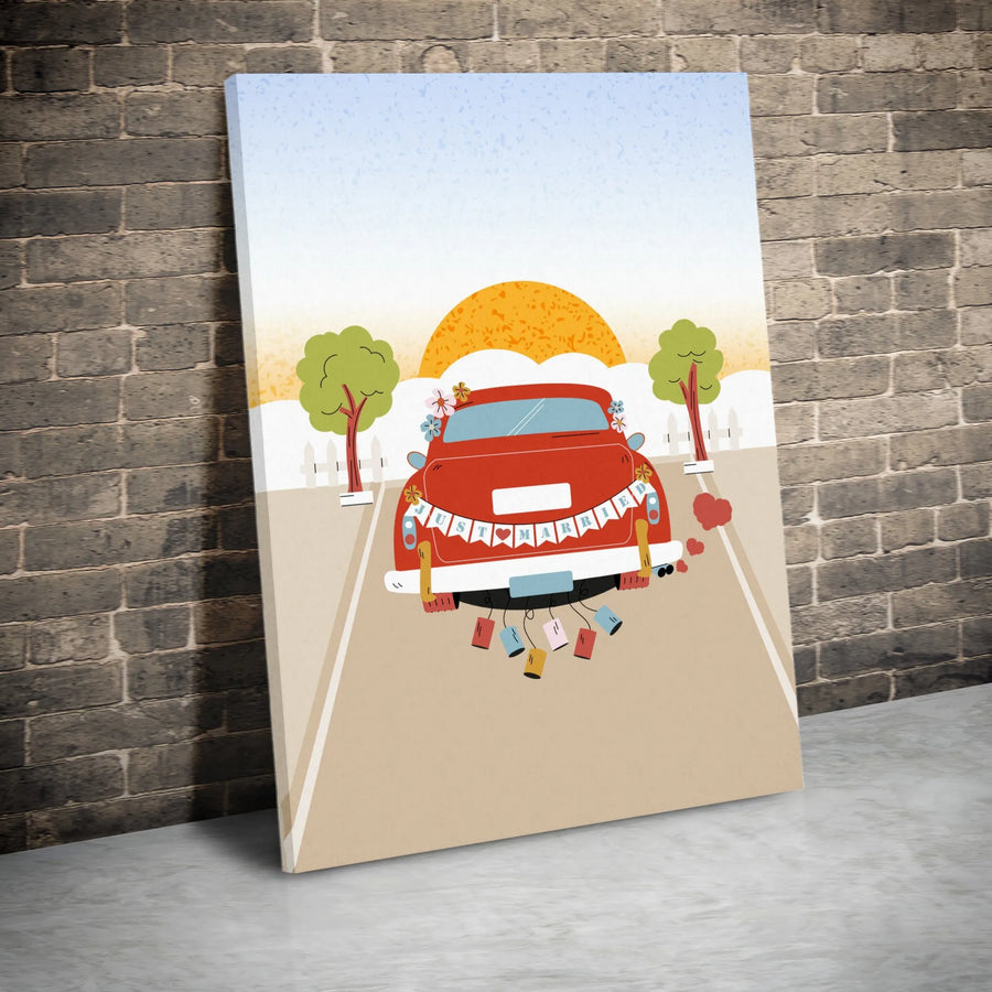Just Married Getaway Car Canvas Wall Art | Retro Wedding Illustration | Premium Gallery Quality Print | Unique Wedding Gift for Newlyweds