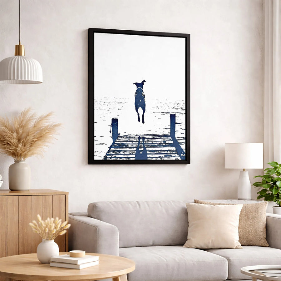 Dog Jumping Off Dock Canvas Art | Minimalist Blue Pet Silhouette Print | Premium Gallery Wrapped 1.25" Profile | Gift for Dog Lovers & Home Decor