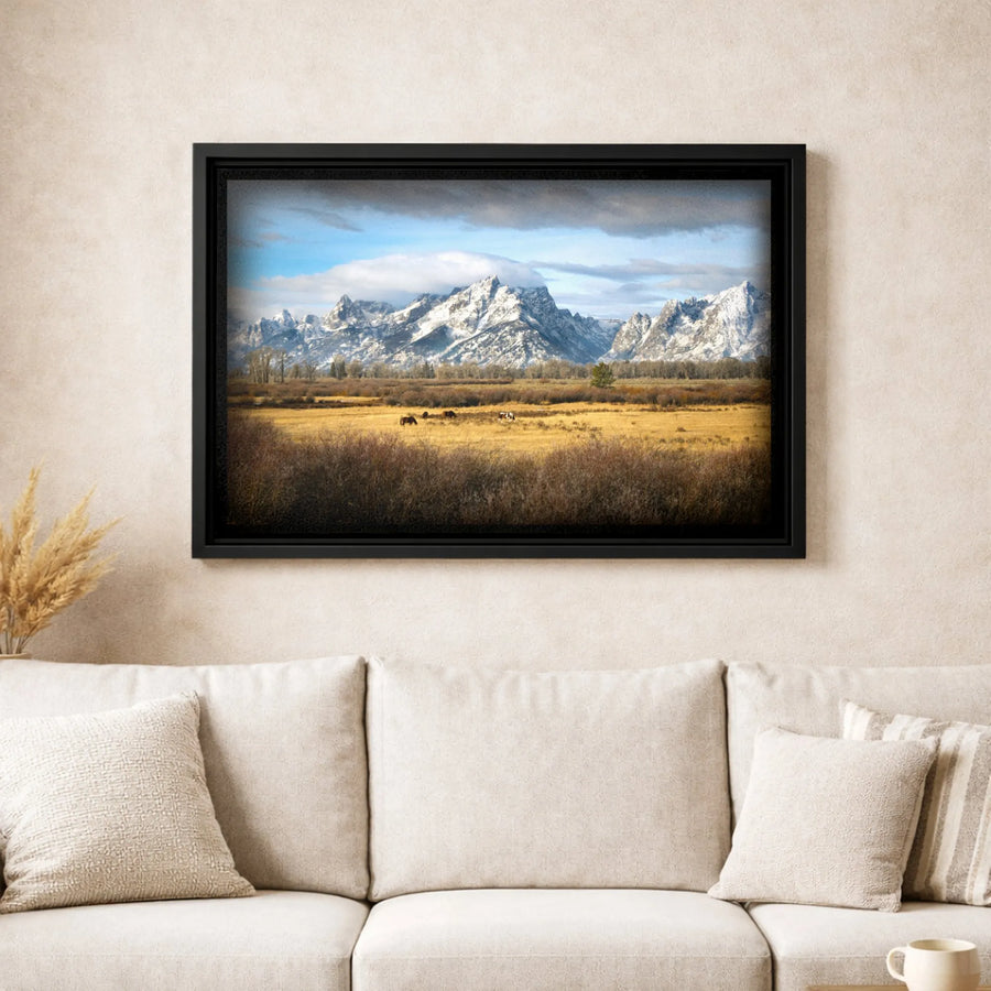 Grand Teton National Park Canvas Print | Horses Grazing Mountain Landscape | Gallery Wrapped Premium Wall Art | Rustic Home & Office Decor Gift