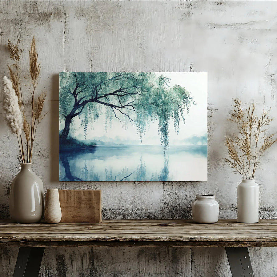 Weeping Willow Canvas Wall Art | Misty Lake Watercolor Landscape | Premium 1.25-inch Gallery Wrap | Serene Nature Decor for Living Room Office