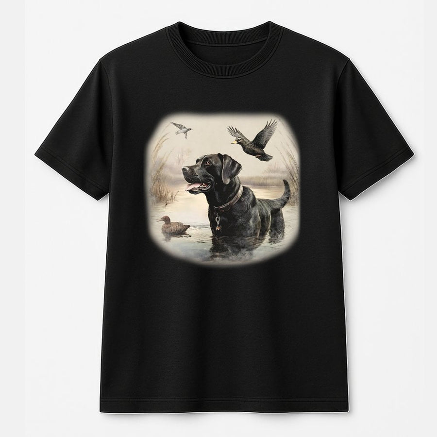 Black Lab Duck Hunting T-Shirt | Vintage Labrador Retriever Graphic Tee | 100% Cotton Premium Quality | Gift for Dog Lover and Outdoorsman