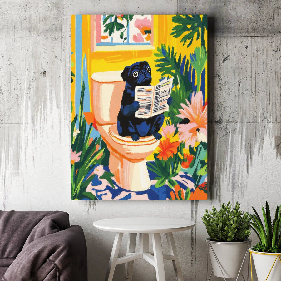 Black Pug Reading Newspaper on Toilet Canvas | Funny Bathroom Wall Art | Premium Gallery Wrapped Print | Quirky Dog Lover Home Decor Gift