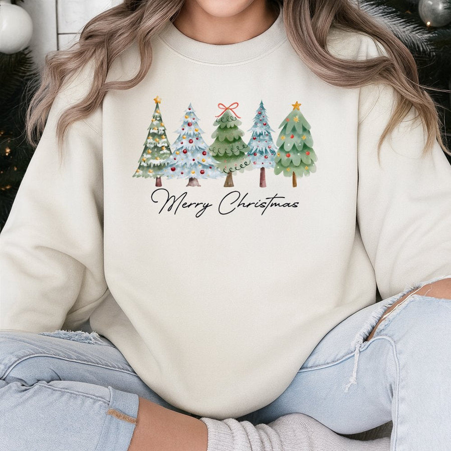 Merry Christmas Sweatshirt | Watercolor Christmas Tree Graphic | Cotton Polyester Blend | Holiday Gift For Her Women Men