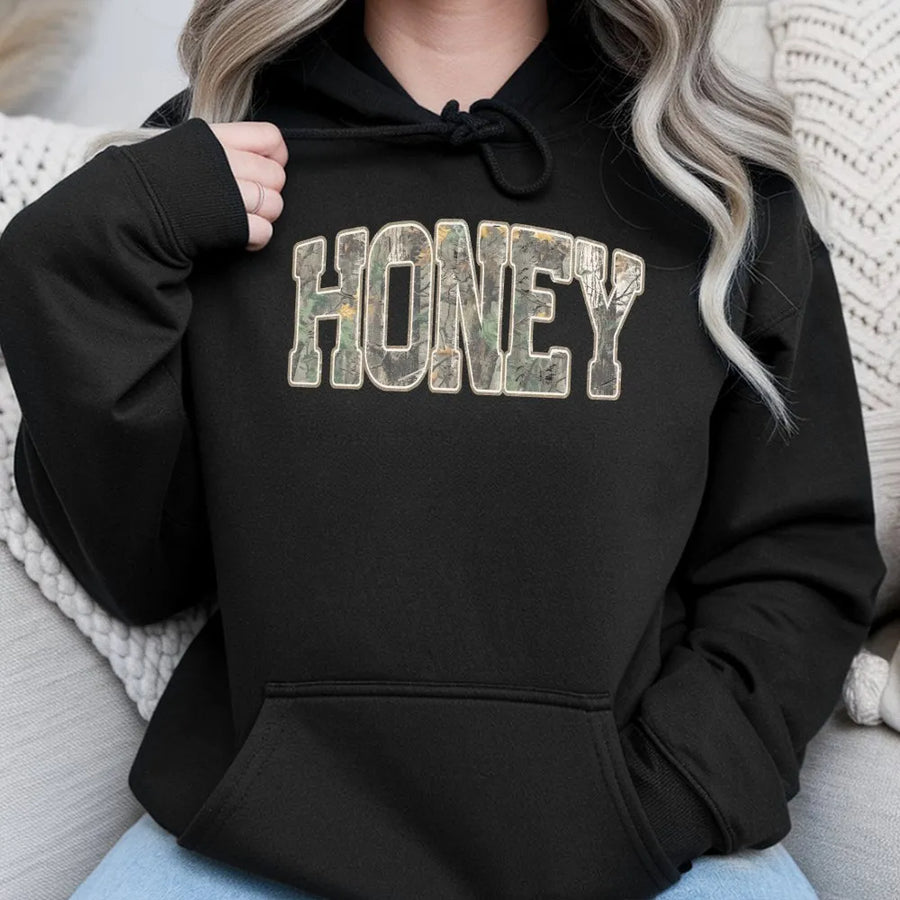 Honey Camo Hoodie | Retro Western Graphic Pullover | Soft Cotton Blend | Unique Country Girl Gift, Southern Apparel