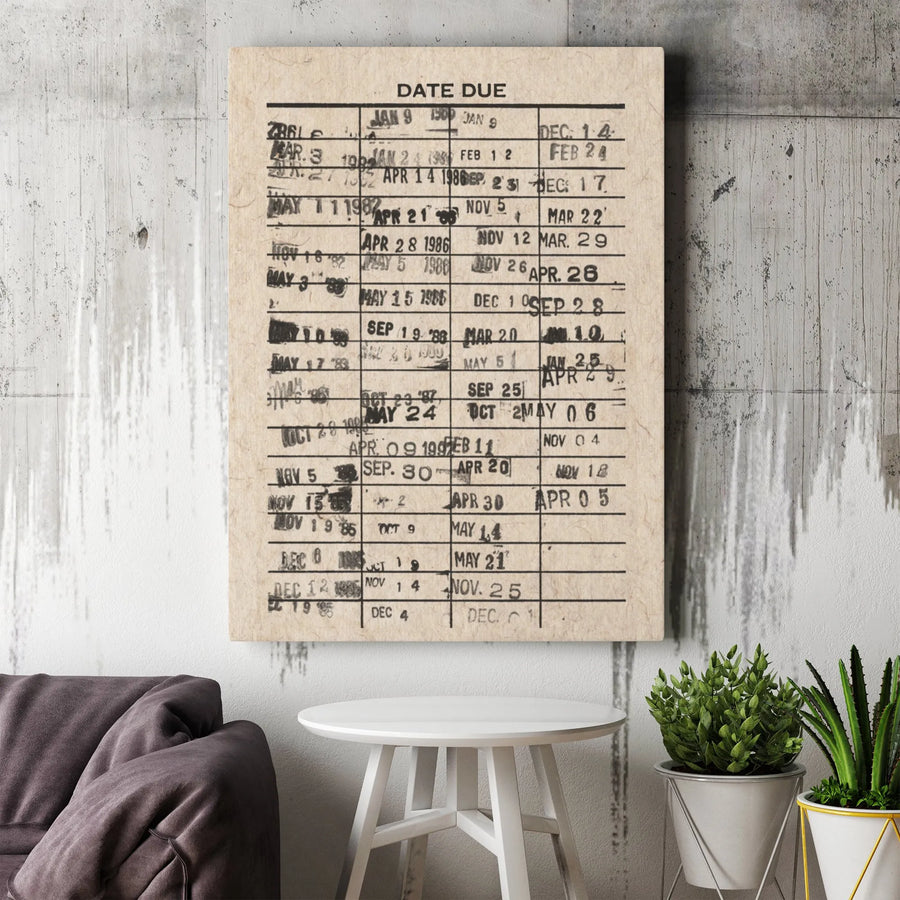 Vintage Library Due Date Card Canvas | Nostalgic Library Decor Wall Art | Premium Gallery Wrap Stretched Canvas | Unique Gift For Book Lovers And Librarians
