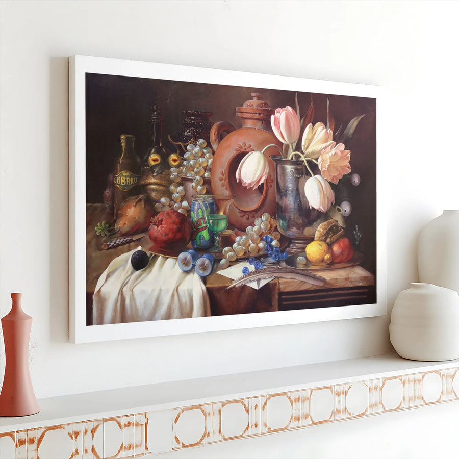 Classical Still Life Canvas Print | Dutch Master Floral & Fruit Art | 1.25 Inch Gallery Wrap | Kitchen Dining Room Wall Decor