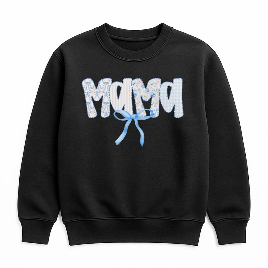 Mama Sweatshirt | Blue Bow Patchwork Lettering | Soft Cotton Blend | New Mom Gift for Mother's Day