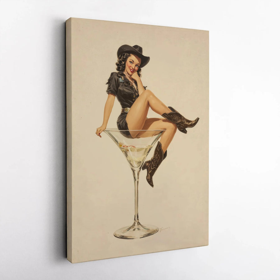 Vintage Cowgirl Pin-Up Canvas Art | Martini Glass Western Retro Print | Premium Gallery Wrap Wall Decor | Man Cave Bar & Kitchen Gift Idea