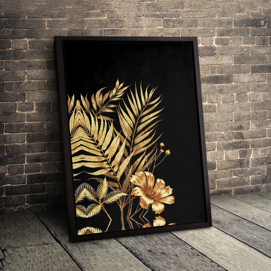 Gold Tropical Palm Leaf Wall Art | Elegant Black and Gold Botanical Print | Premium Gallery Wrapped Canvas | Luxury Modern Home Decor Gift