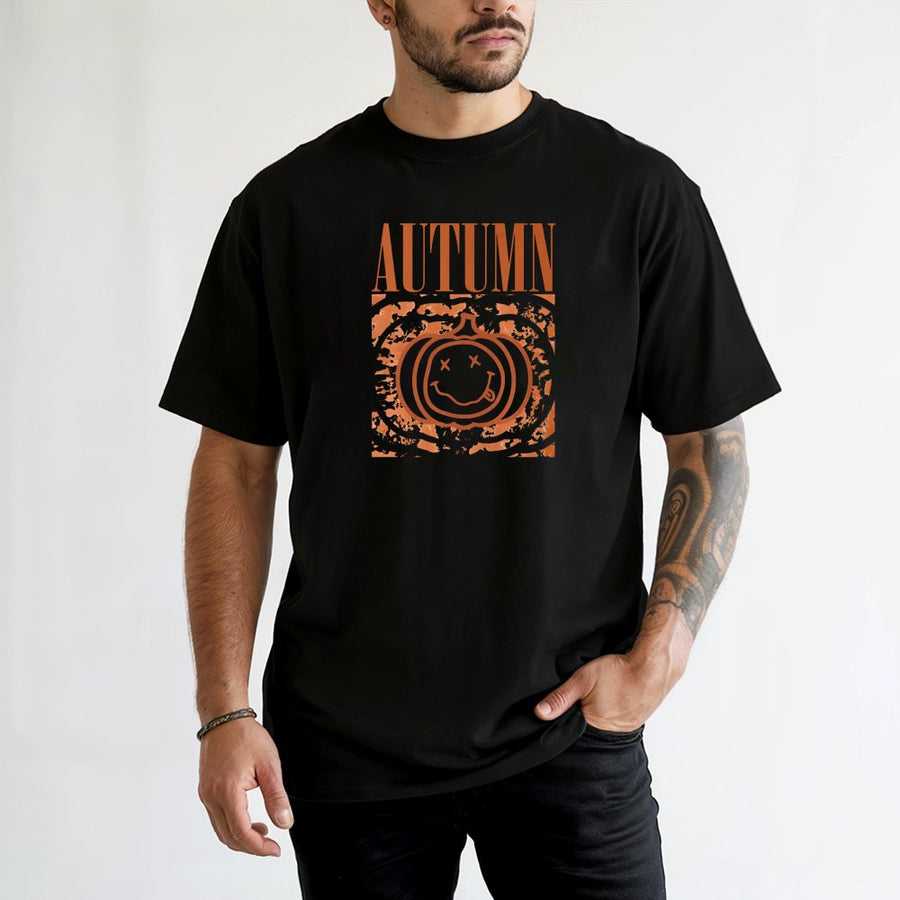 Autumn Pumpkin T-Shirt | Grunge Smiley Face Graphic | 100% Cotton Premium Tee | Unisex Fall Apparel for Halloween Lovers