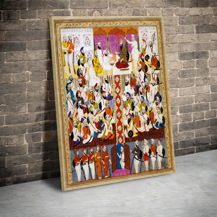 Guru Gobind Singh Darbar Canvas Print | Traditional Sikh Miniature Art Wall Decor | Premium 1.25" Gallery Wrap | Spiritual Home Office Gift
