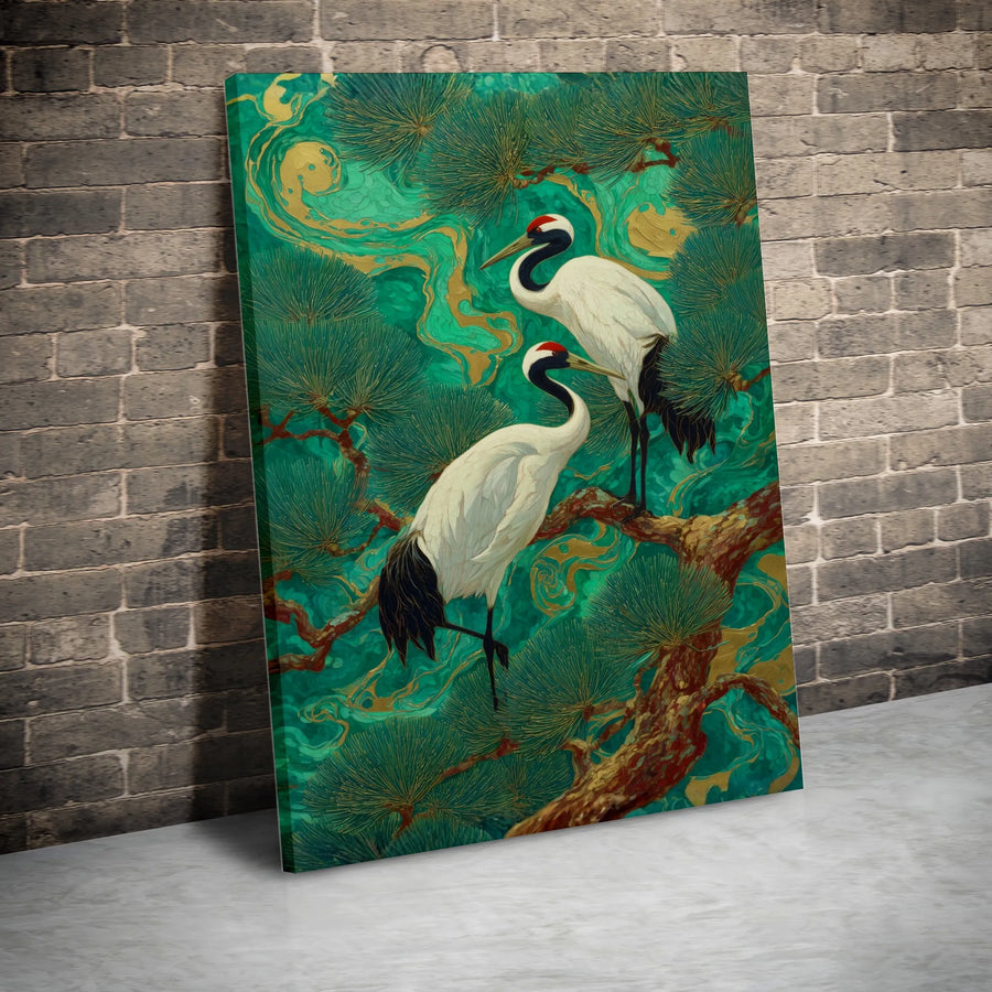 Japanese Crane Canvas Wall Art | Vintage Asian Crane & Pine Tree Print | Premium Gallery Wrap Canvas | Zen Home Decor Gift
