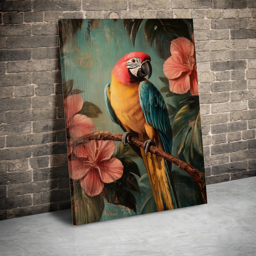 Tropical Scarlet Macaw Canvas Wall Art | Vintage Parrot with Hibiscus Flowers | Premium Gallery-Wrapped Decor | Exotic Bird Nature Gift for Home