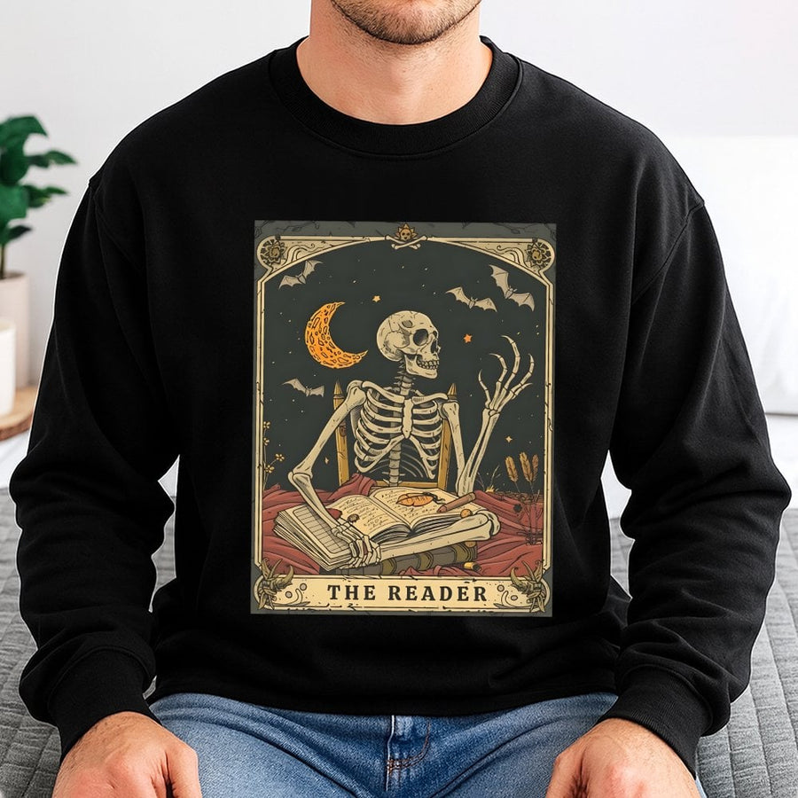 The Reader Tarot Card Sweatshirt | Skeleton Book Lover Graphic Print | Premium Cotton Blend Crewneck | Gothic Bookish Gift for Readers