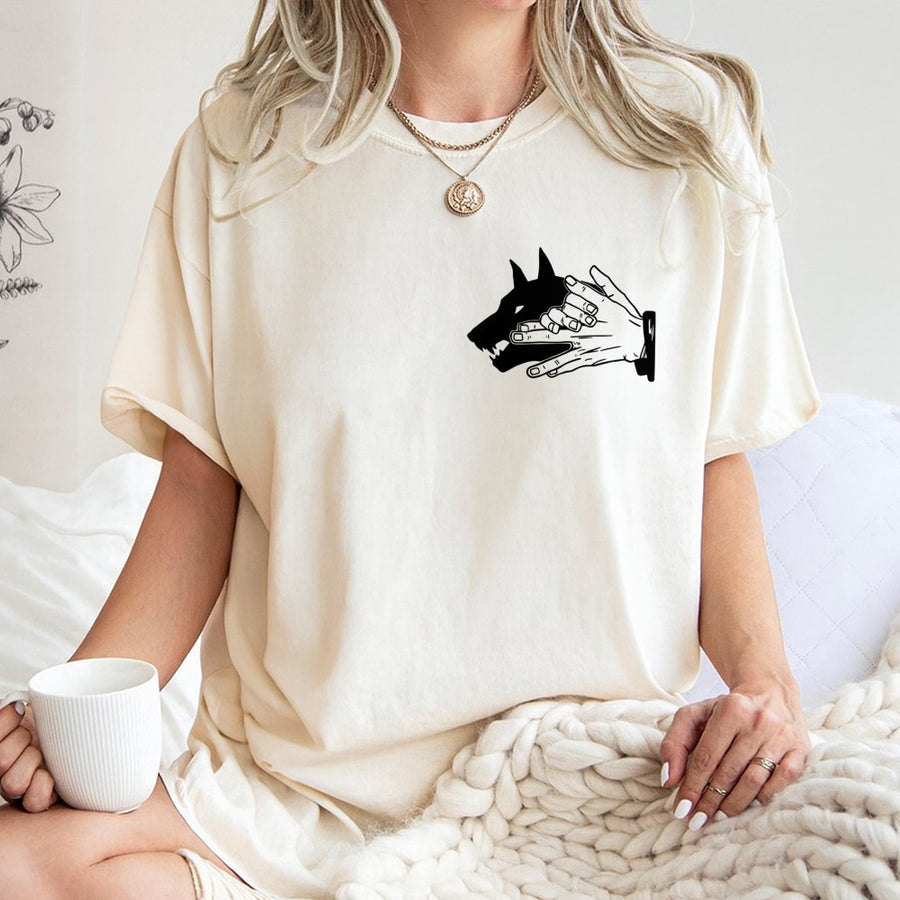 Wolf Shadow Puppet Graphic T-Shirt | Hand Gesture Animal Silhouette Design | 100% Cotton Premium Tee | Unique Wildlife Art Gift for Men and Women