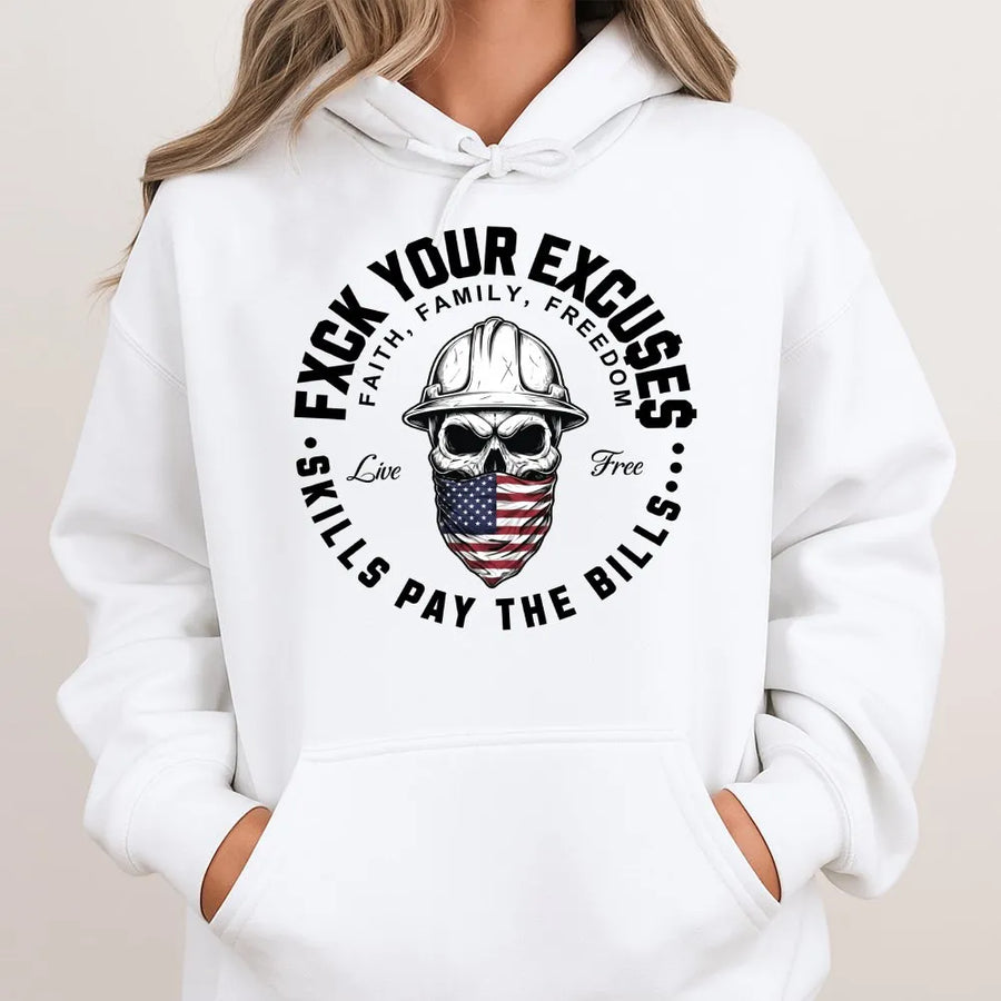 Skills Pay The Bills Hoodie | Blue Collar Hard Hat Skull Graphic | Premium Cotton Tee | Patriotic Gift for Tradesman