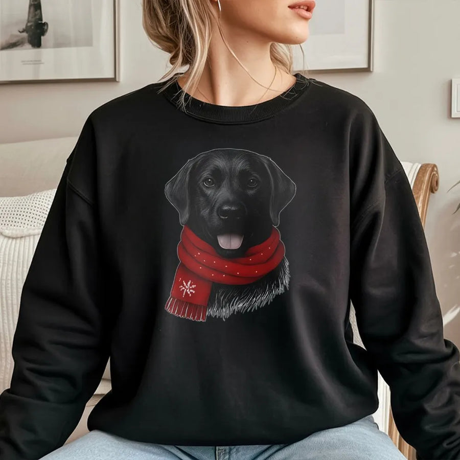 Black Labrador Christmas Sweatshirt | Festive Dog Wearing Red Scarf | Premium Cotton Blend Crewneck | Cute Holiday Gift for Dog Lovers