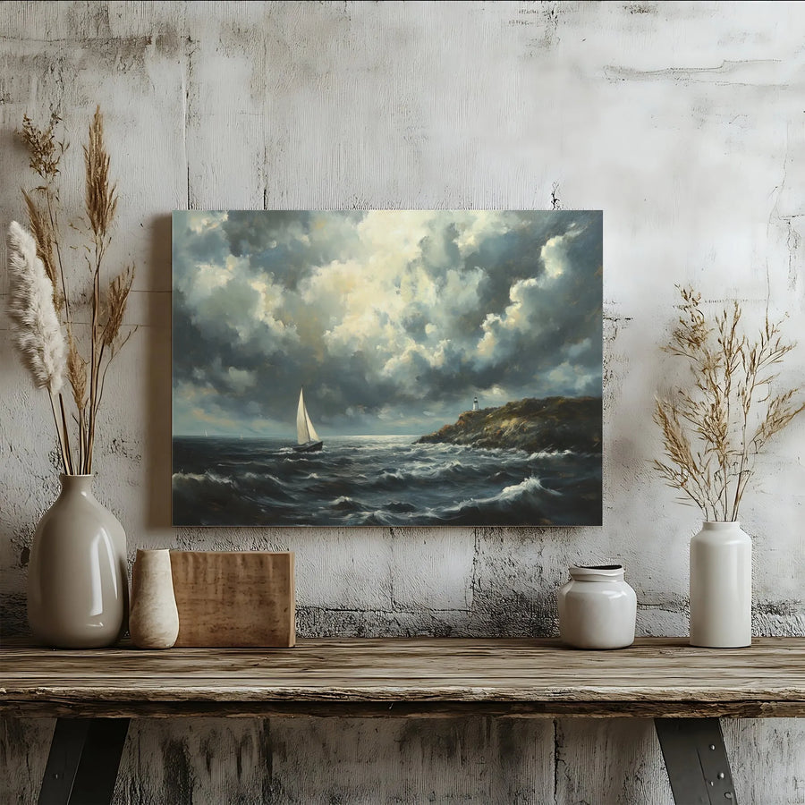 Stormy Sea Sailboat Canvas Wall Art | Moody Ocean Lighthouse Painting | Premium Gallery Wrapped Decor | Coastal Living Room Nautical Gift