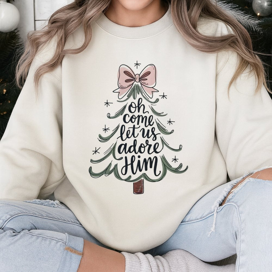 Oh Come Let Us Adore Him Sweatshirt | Aesthetic Christmas Tree Graphic | Cotton Blend Premium Crewneck | Christian Holiday Gift for Her