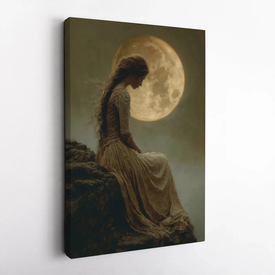 Full Moon Wall Art | Ethereal Woman Portrait Canvas | Premium Gallery Wrap Print | Gothic Romantic Home Decor Gift