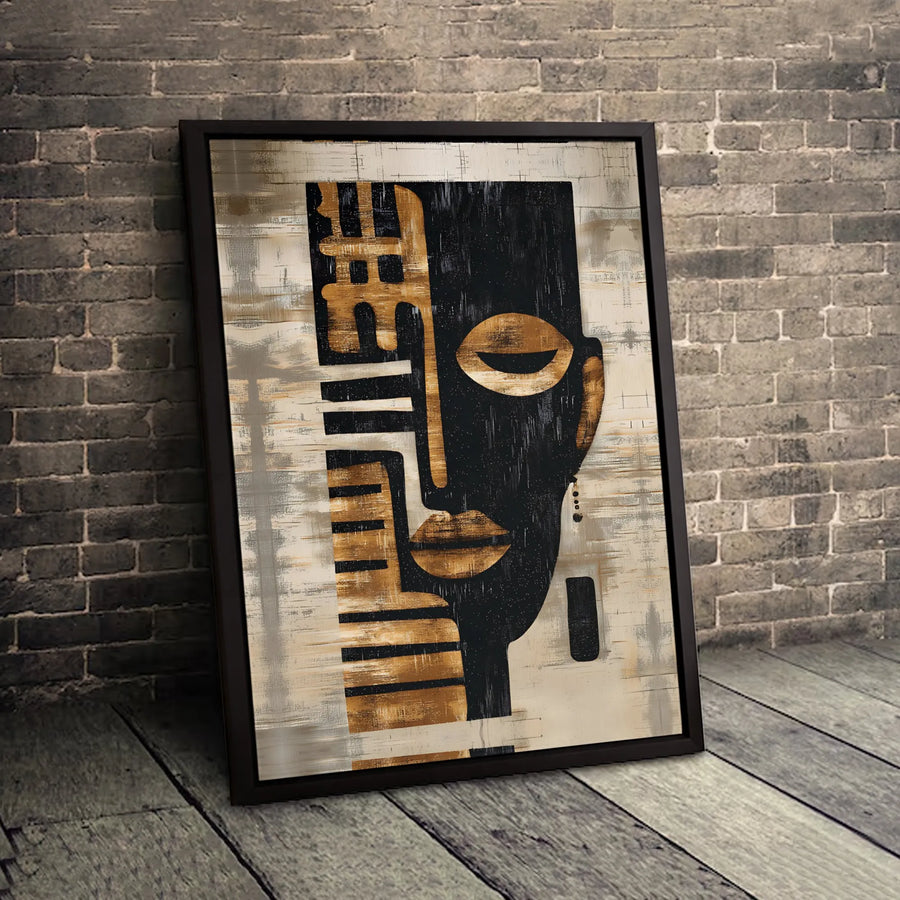 Abstract African Tribal Mask Wall Art | Black and Gold Geometric Face Print | Premium Gallery Wrapped Canvas | Modern Home Decor Gift