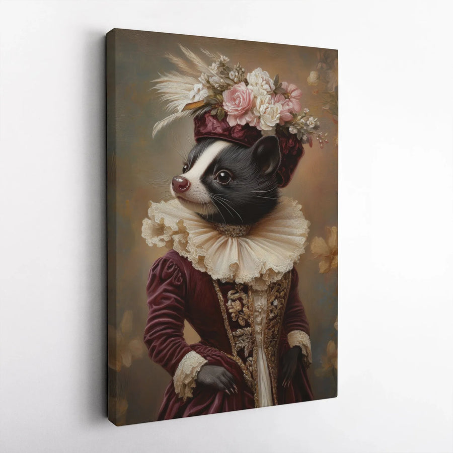 Regal Skunk Wall Art | Victorian Era Portrait in Floral Hat | Premium Gallery Wrap Canvas | Whimsical Animal Home Decor Gift
