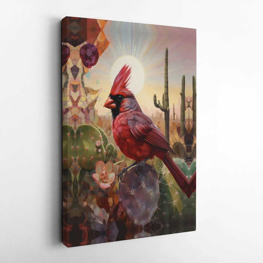 Red Cardinal Canvas Wall Art | Desert Cactus Geometric Landscape | Premium 1.25" Gallery Wrap | Southwestern Home Decor Gift
