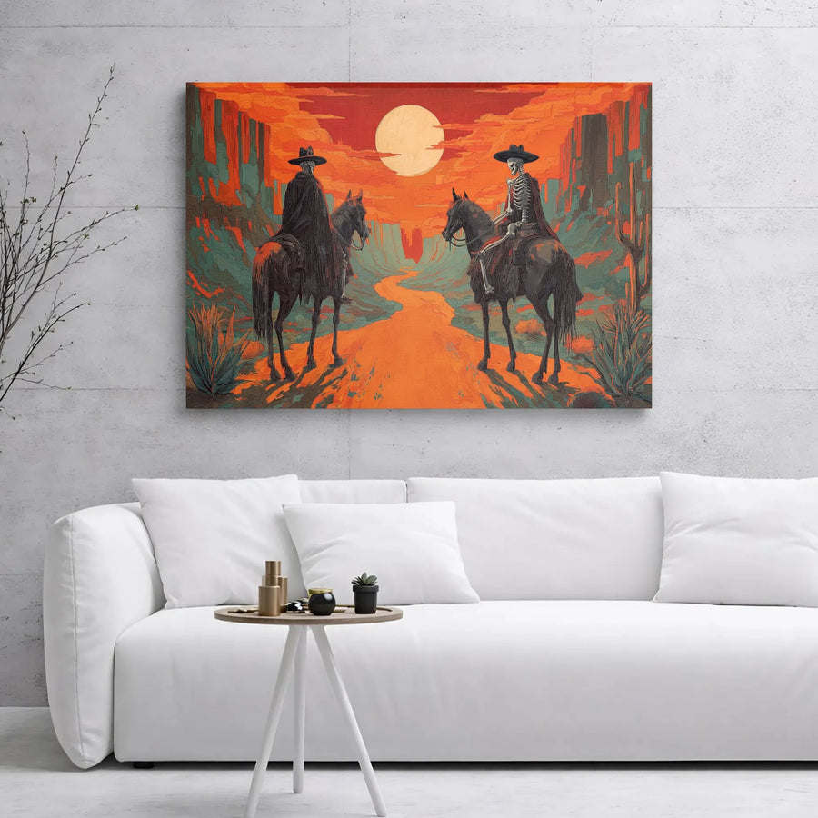 Skeleton Cowboy Canvas Wall Art | Western Desert Sunset Gothic Decor | Premium Gallery-Wrapped Print | Gift for Western Art Enthusiasts