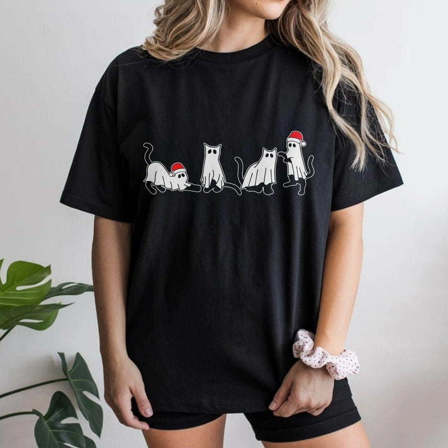 Christmas Cat Ghost T-Shirt | Spooky Cute Holiday Kittens in Santa Hats | Premium 100% Cotton Tee | Funny Creepmas Gift for Cat Lovers