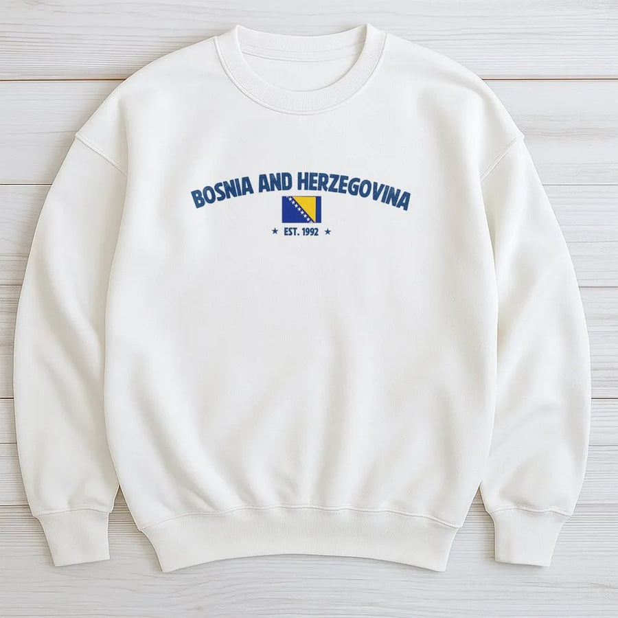 Bosnia and Herzegovina Sweatshirt | Vintage Collegiate Flag EST 1992 Design | Soft Cotton Blend Crewneck | Patriotic Bosnian Pride Gift