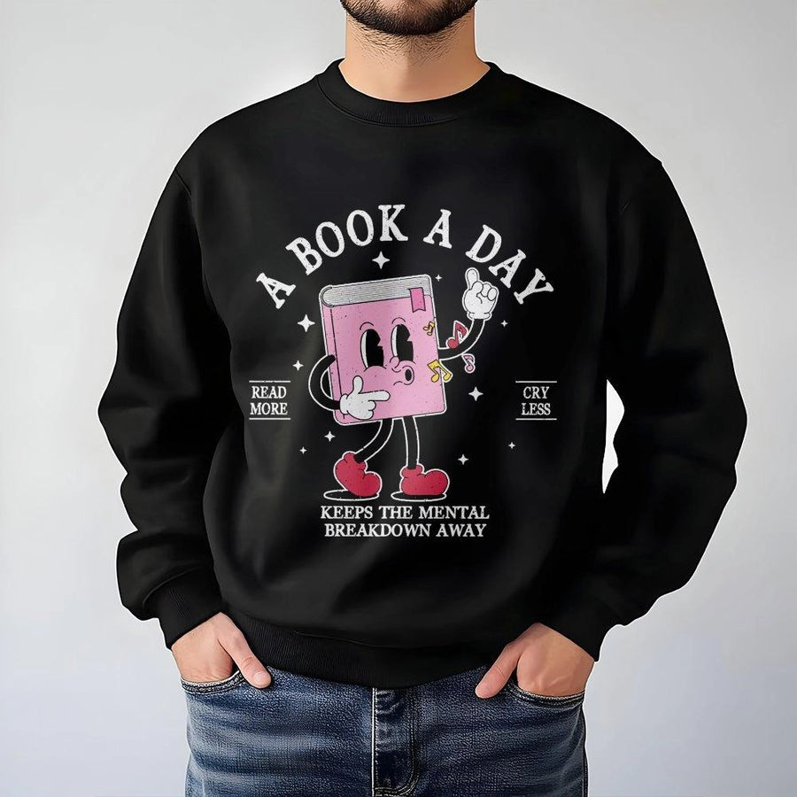 A Book A Day Sweatshirt | Retro Cartoon Reader Aesthetic | Premium Cotton Blend | Gift For Book Lovers Readers And Librarians