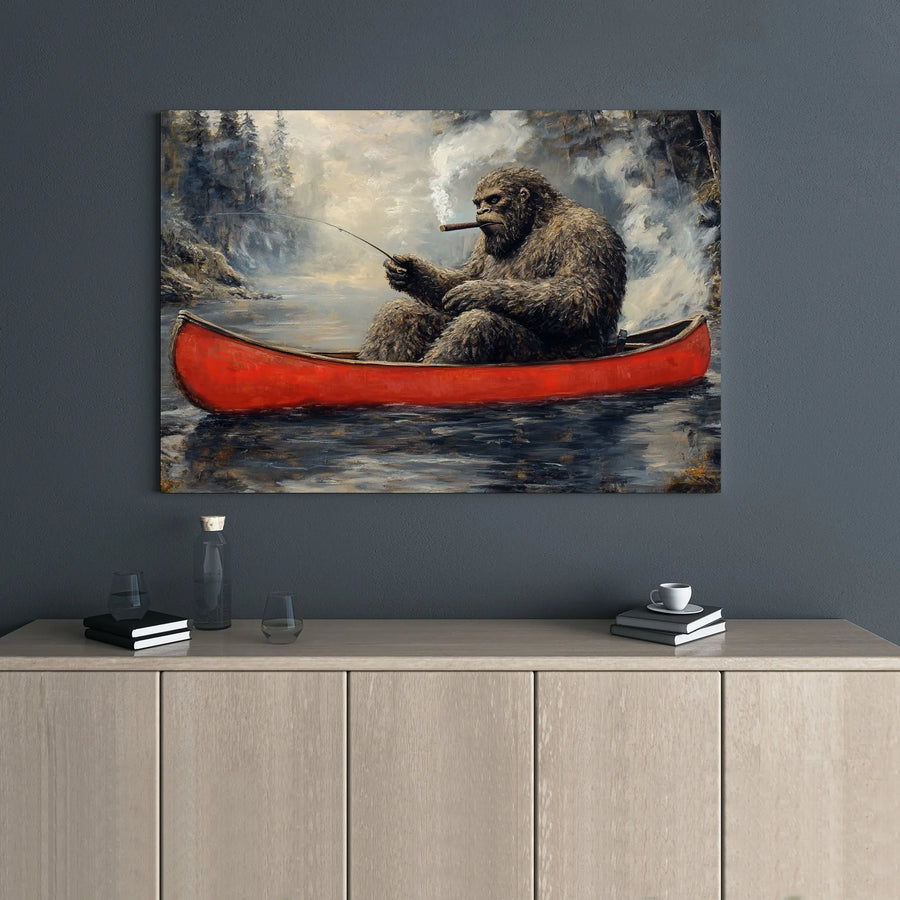 Bigfoot Fishing in Red Canoe Canvas Wall Art | Funny Smoking Sasquatch Painting | Premium Gallery Wrap Decor | Unique Gift for Outdoorsmen